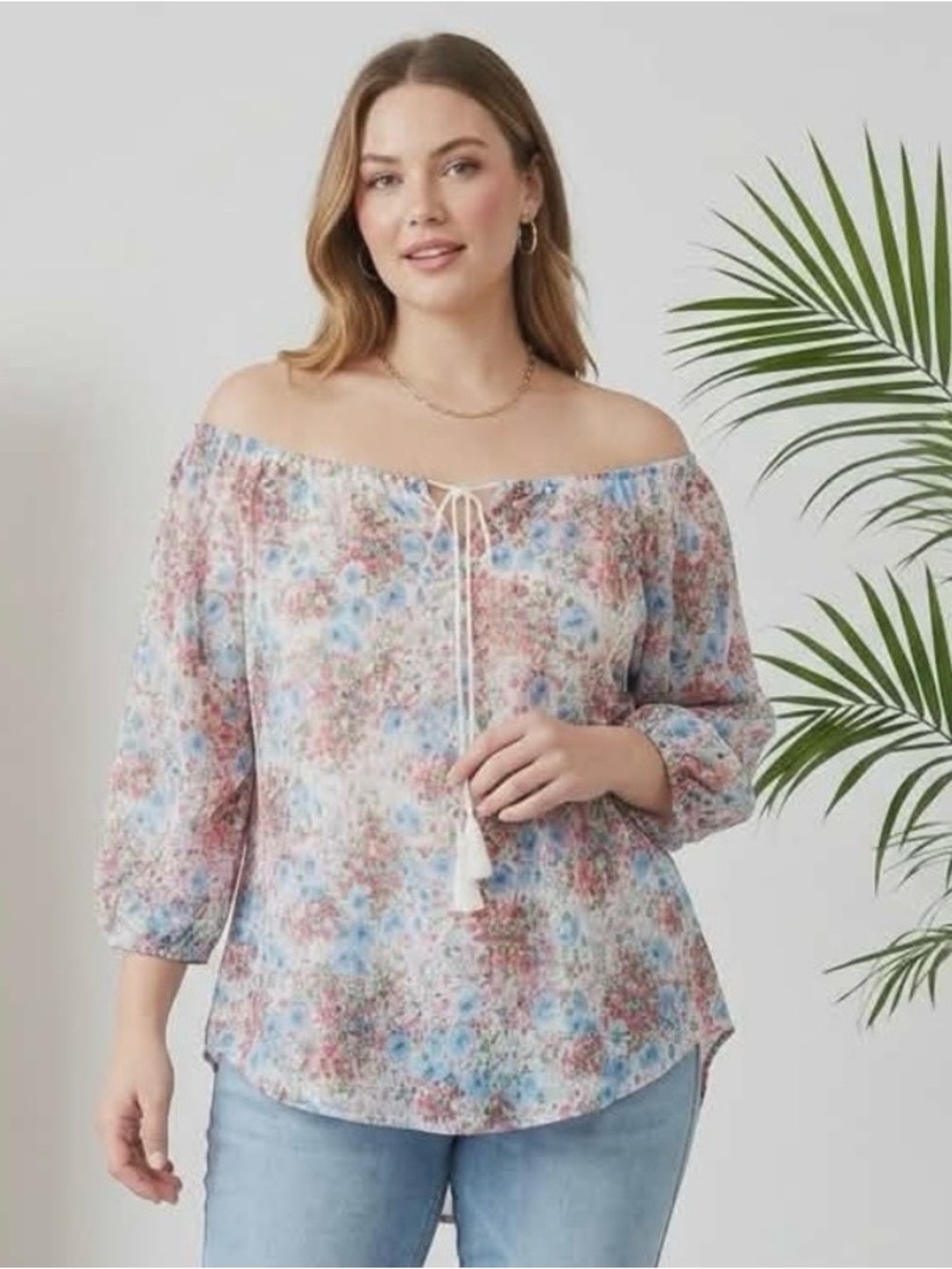 Chaps Floral Tie-Neck Off Shoulder Peasant Top - Light Blue & Pink Size XL